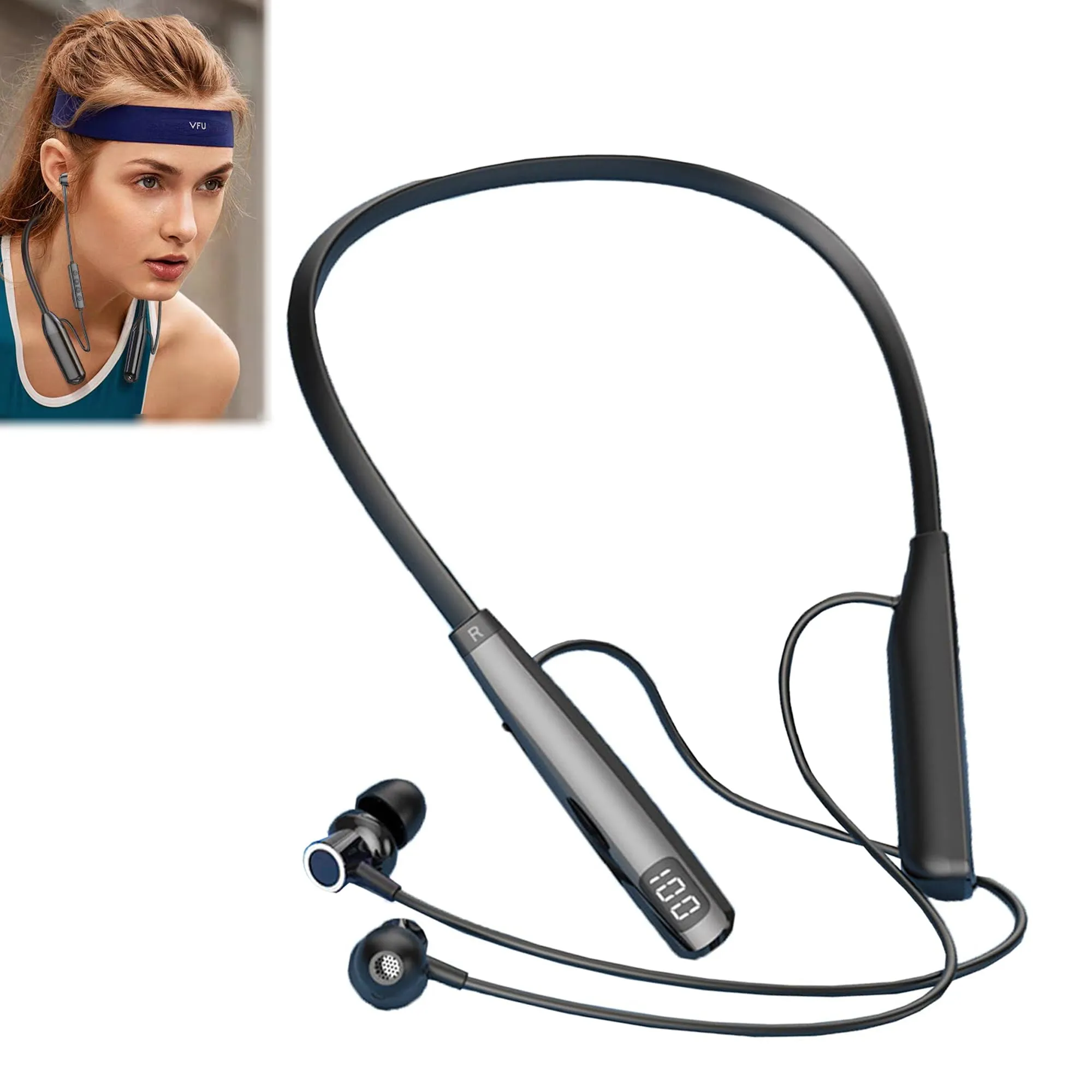 Wireless Neckband Bluetooth Headphones with LED Display, IPX5 Waterproof Sport Earbuds