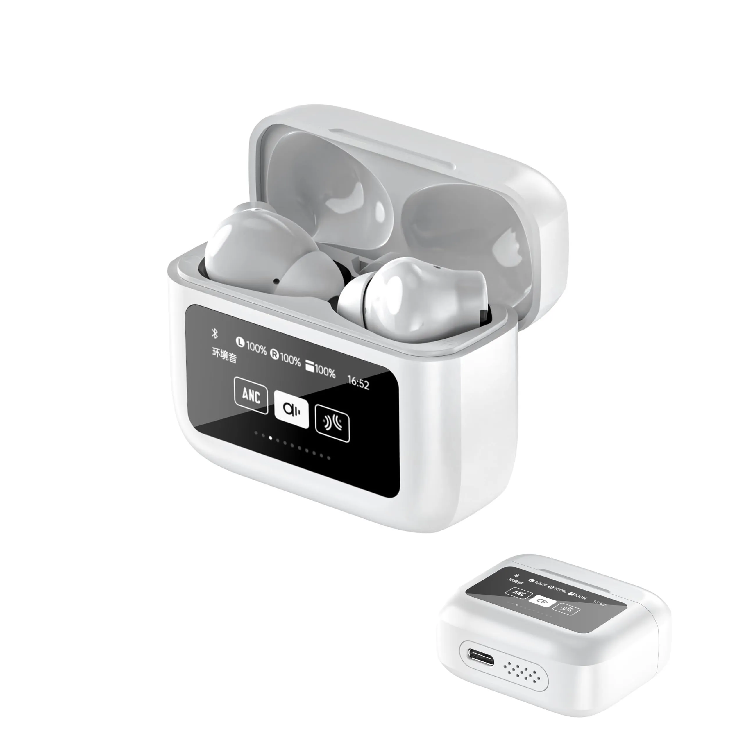 Wireless Noise-Canceling Earbuds with Smart Touch Screen, ANC, Waterproof, LED Display (White)