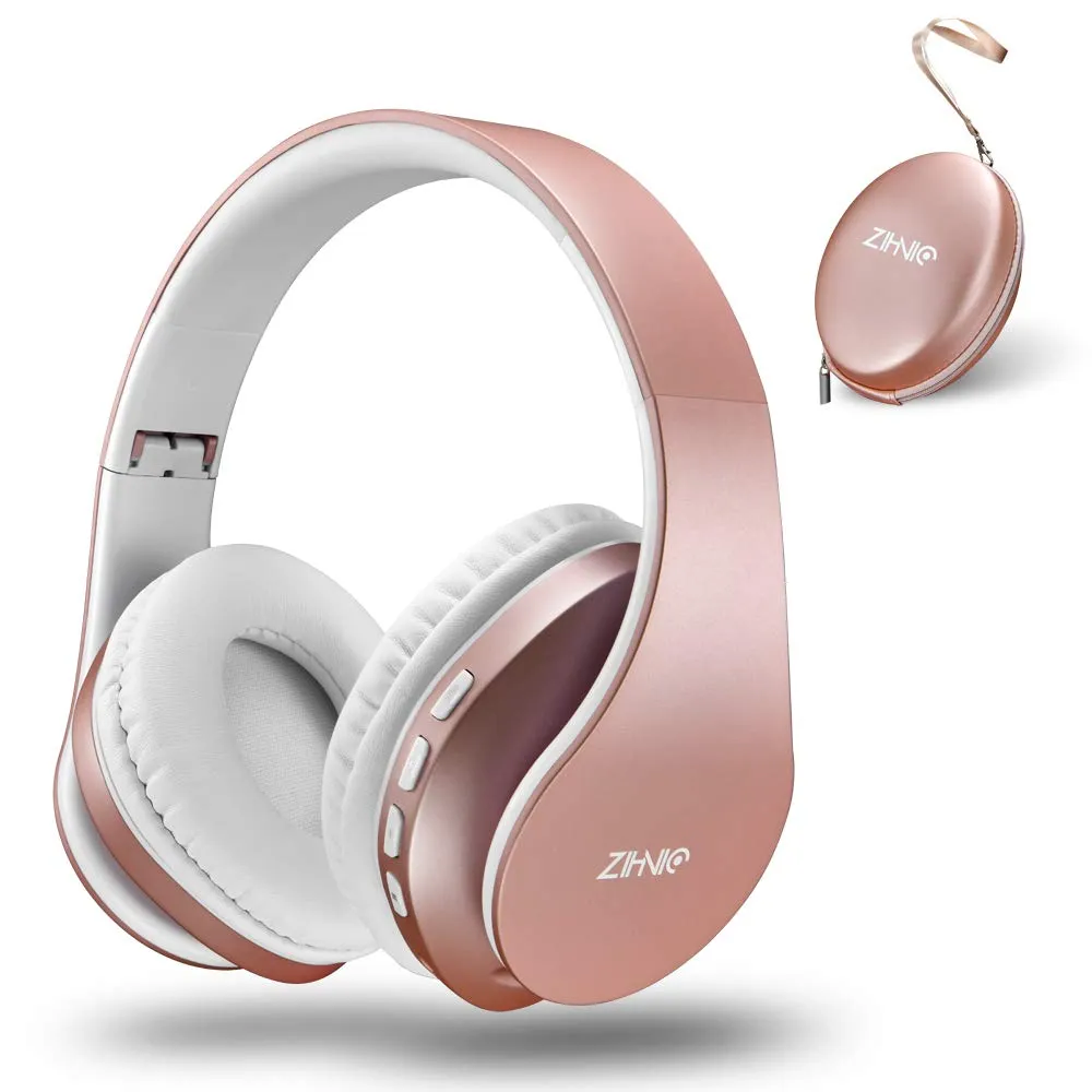 ZIHNIC Bluetooth Headphones Over-Ear, Foldable Wireless/Wired, Rose Gold, Comfort & Long Battery Life